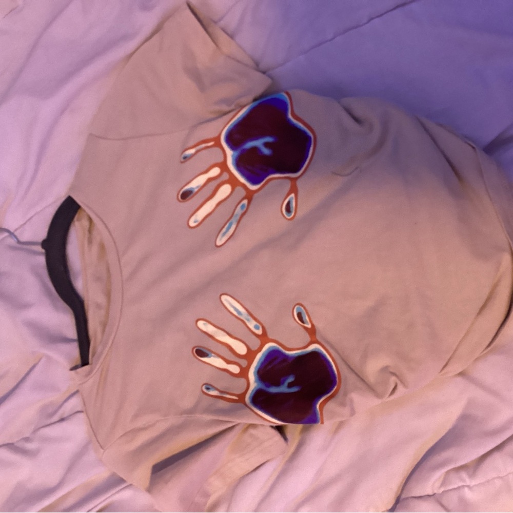 SHEIN Beige Top with Blue and Orange Handprint Design